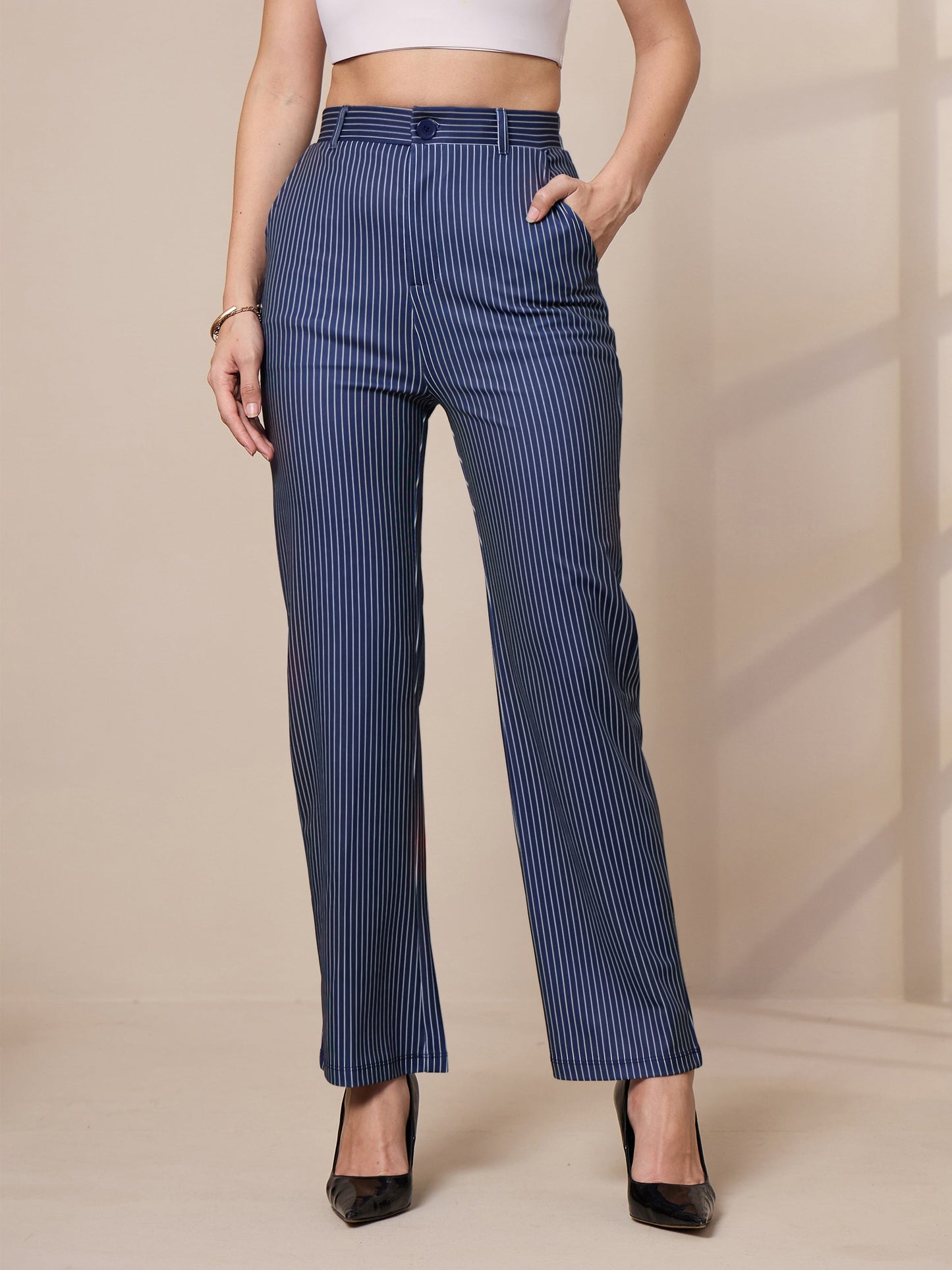 Navy Striped Straight Fit Trousers