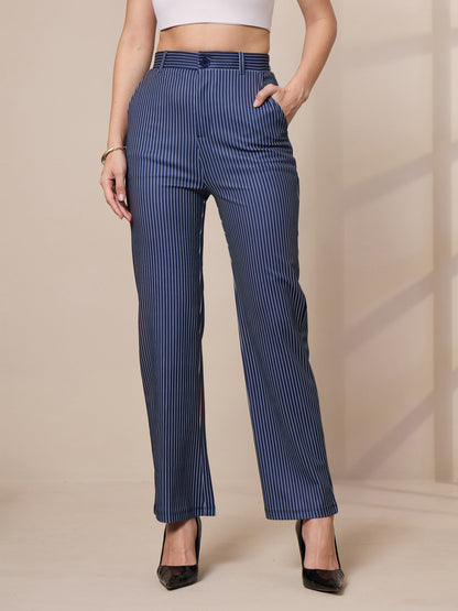Navy Striped Straight Fit Trousers