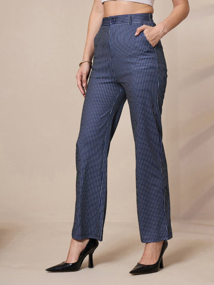 Navy Striped Straight Fit Trousers