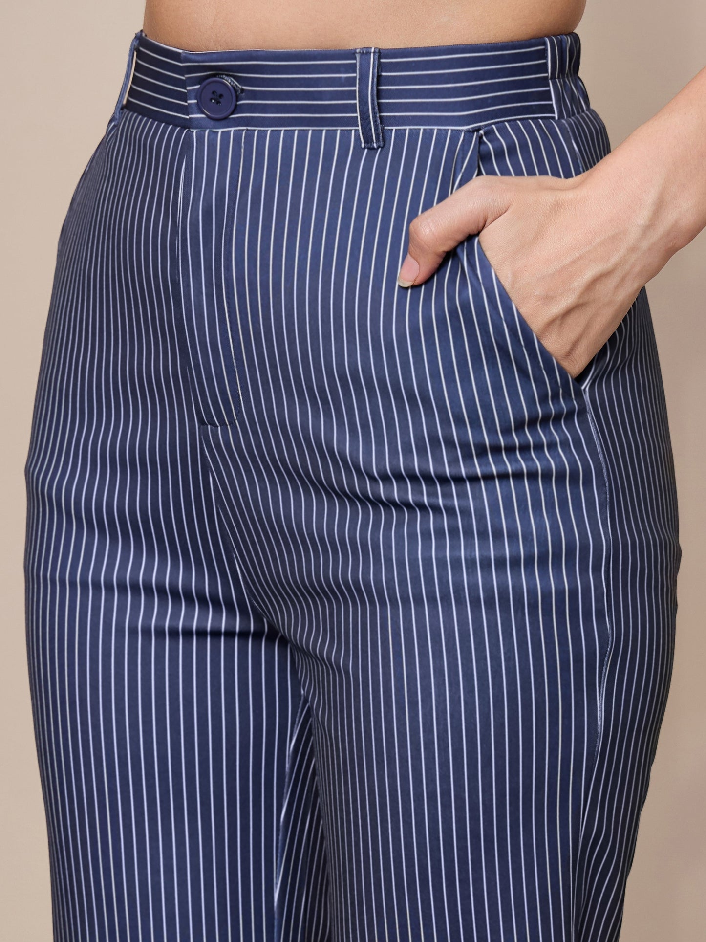 Navy Striped Straight Fit Trousers
