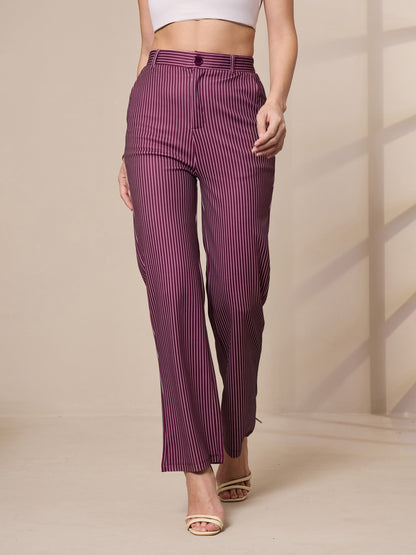 Maroon Striped Straight Fit Trousers