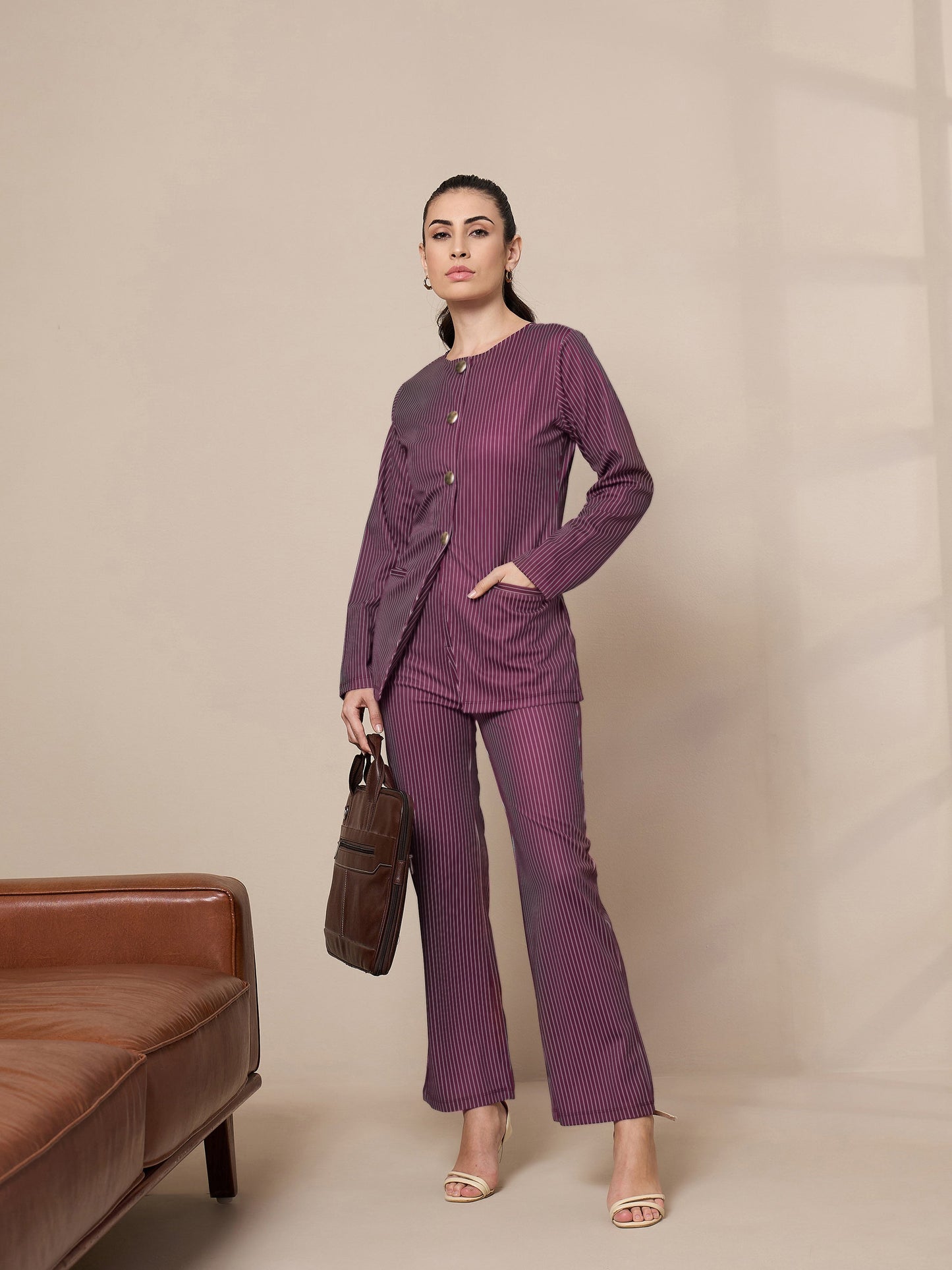 Maroon Striped Straight Fit Trousers