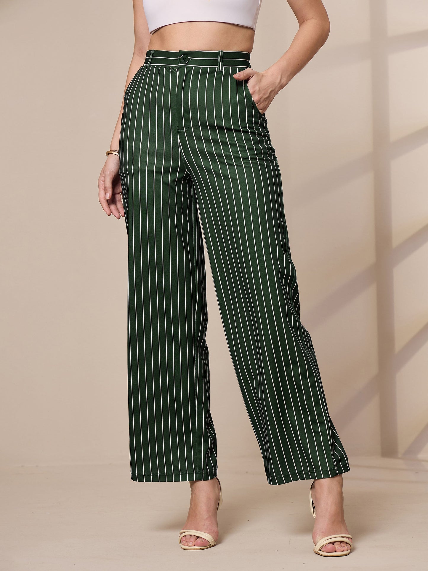 Green Striped Straight Wide Leg Trousers