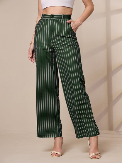 Green Striped Straight Wide Leg Trousers