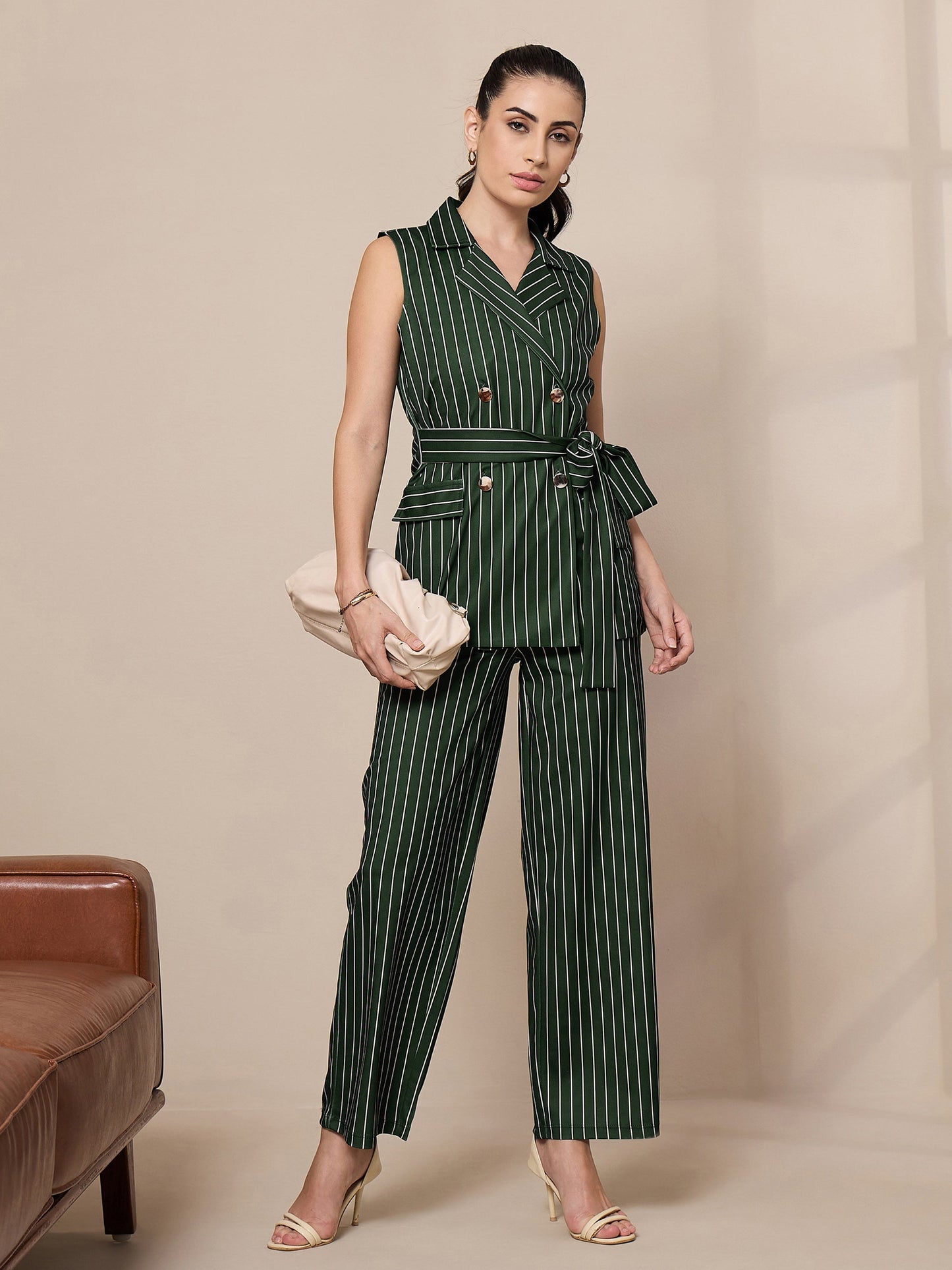 Green Striped Straight Wide Leg Trousers