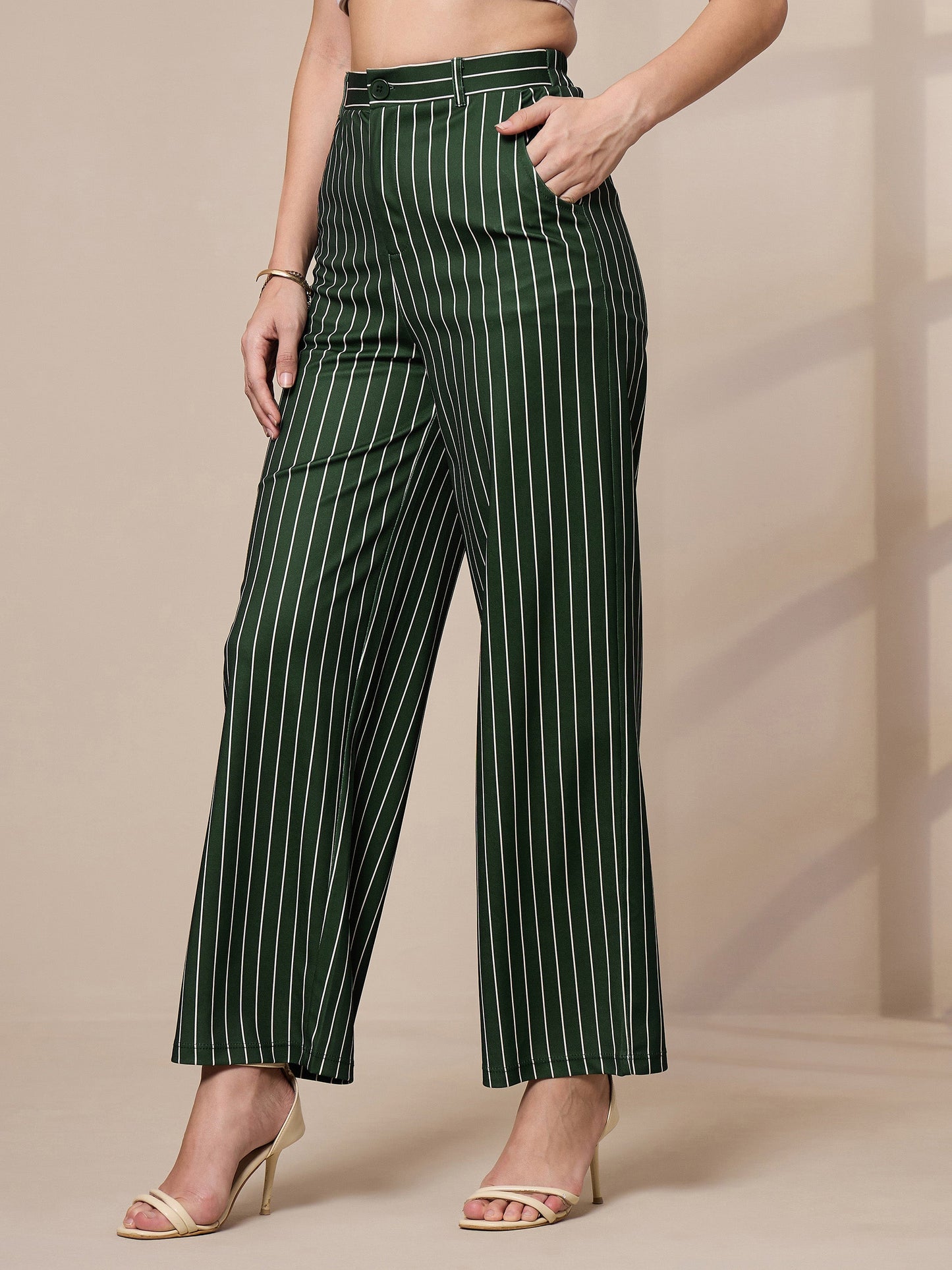 Green Striped Straight Wide Leg Trousers