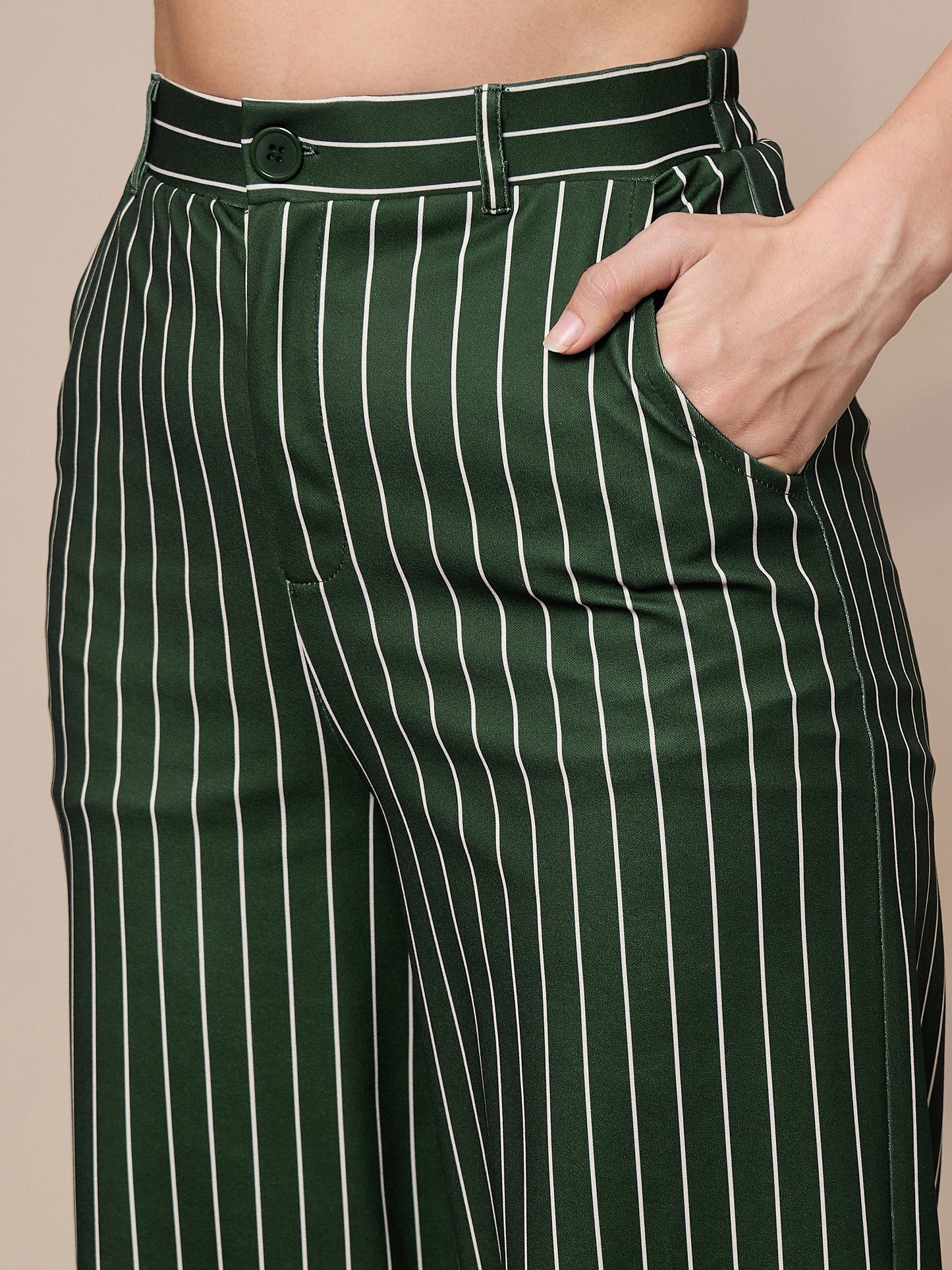 Green Striped Straight Wide Leg Trousers
