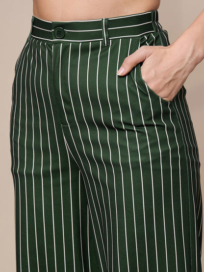 Green Striped Straight Wide Leg Trousers