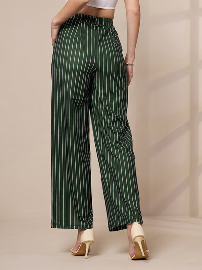 Green Striped Straight Wide Leg Trousers