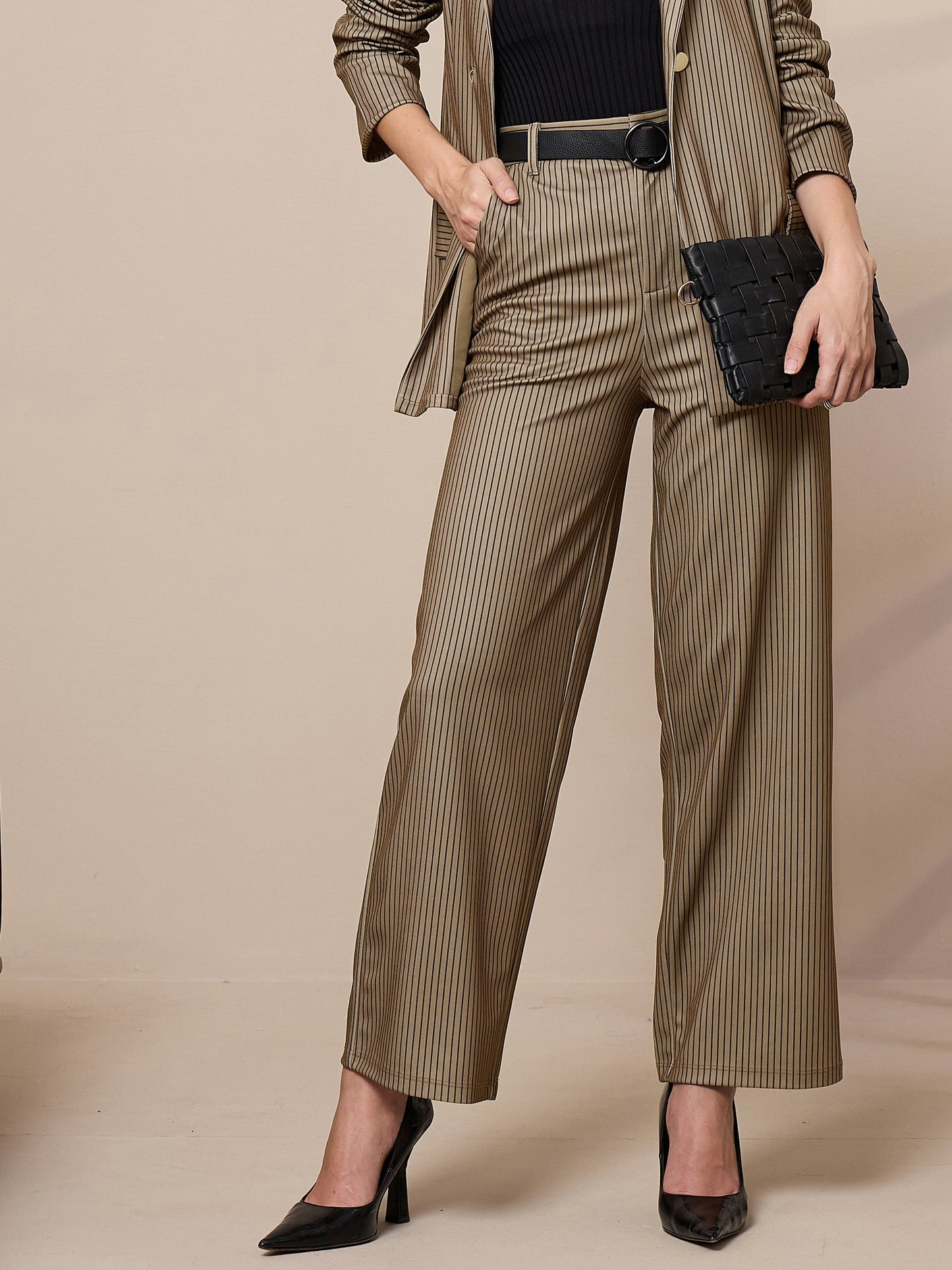 Beige Striped Straight Wide Leg Trousers
