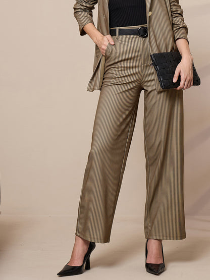 Beige Striped Straight Wide Leg Trousers