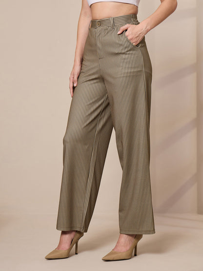 Beige Striped Straight Wide Leg Trousers