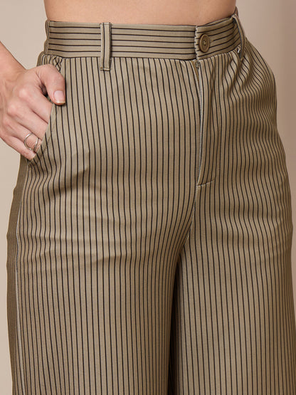 Beige Striped Straight Wide Leg Trousers