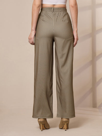 Beige Striped Straight Wide Leg Trousers