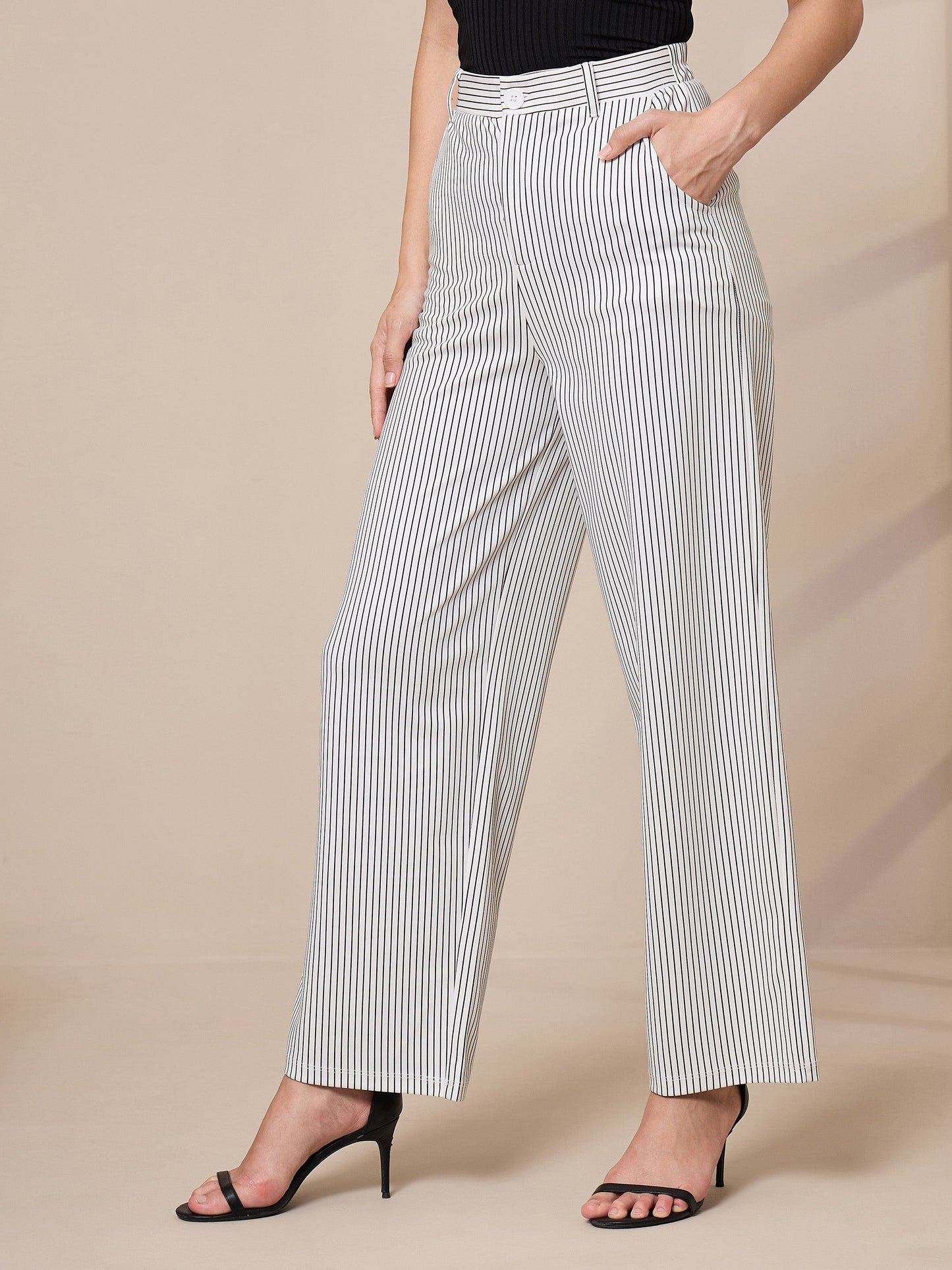 White Striped Straight Trousers