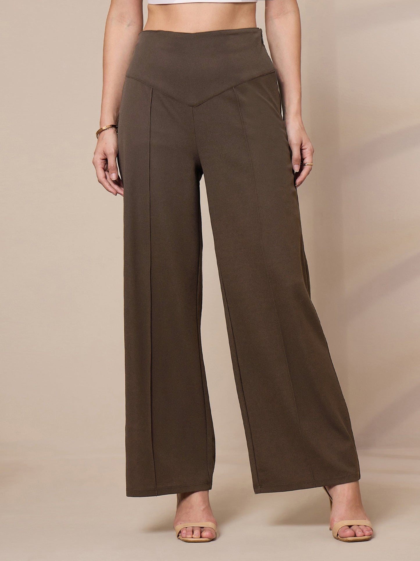 Brown Front Darted Elasticated Pants