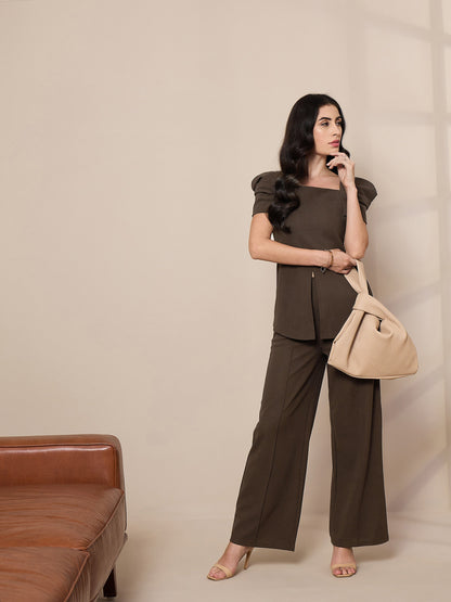 Brown Front Darted Elasticated Pants
