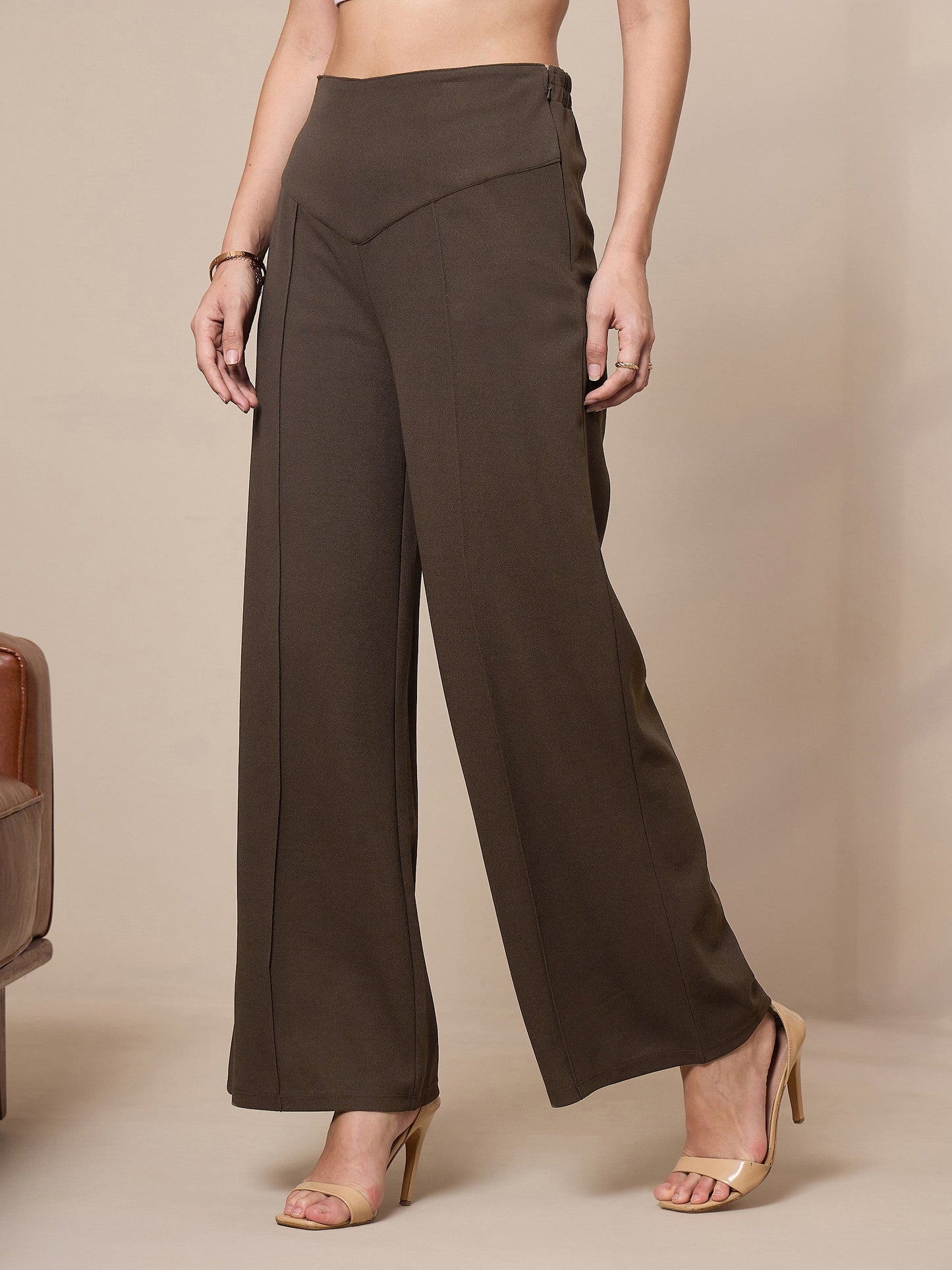 Brown Front Darted Elasticated Pants