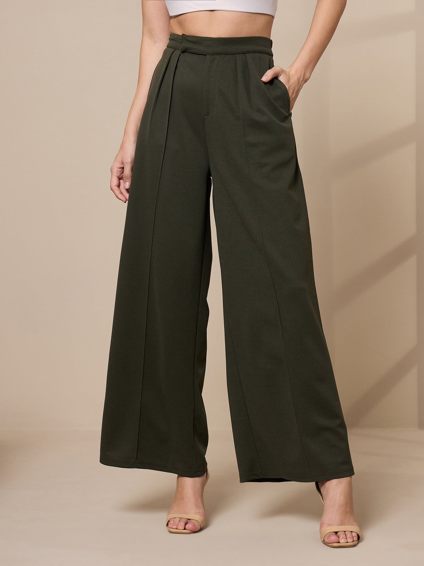 Olive Pleated Wide Leg Trousers