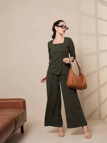 Olive Pleated Wide Leg Trousers