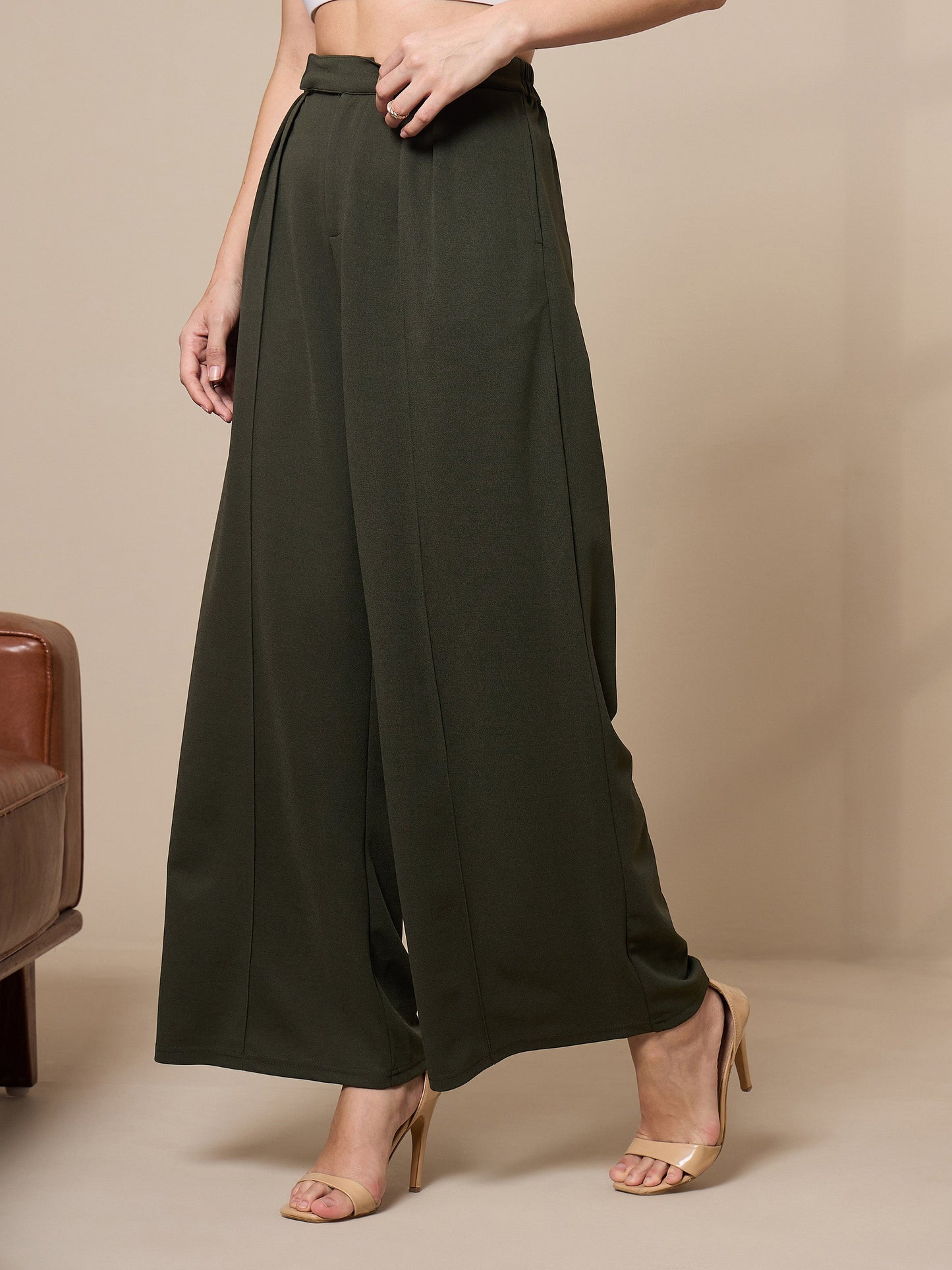 Olive Pleated Wide Leg Trousers