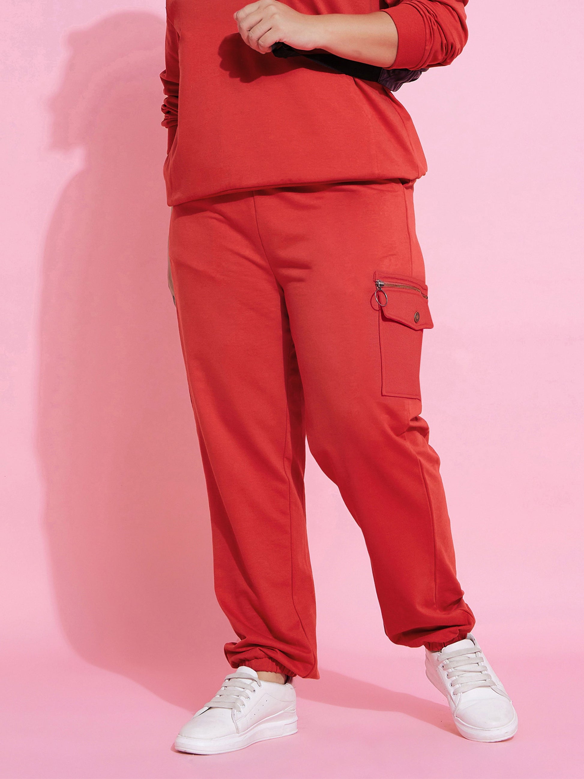 Plus size women's Red Polycotton Red Fleece Cargo Zipper Joggers by Sassafras Curve for wholesale buyers, boutiques, resellers and bulk orders from