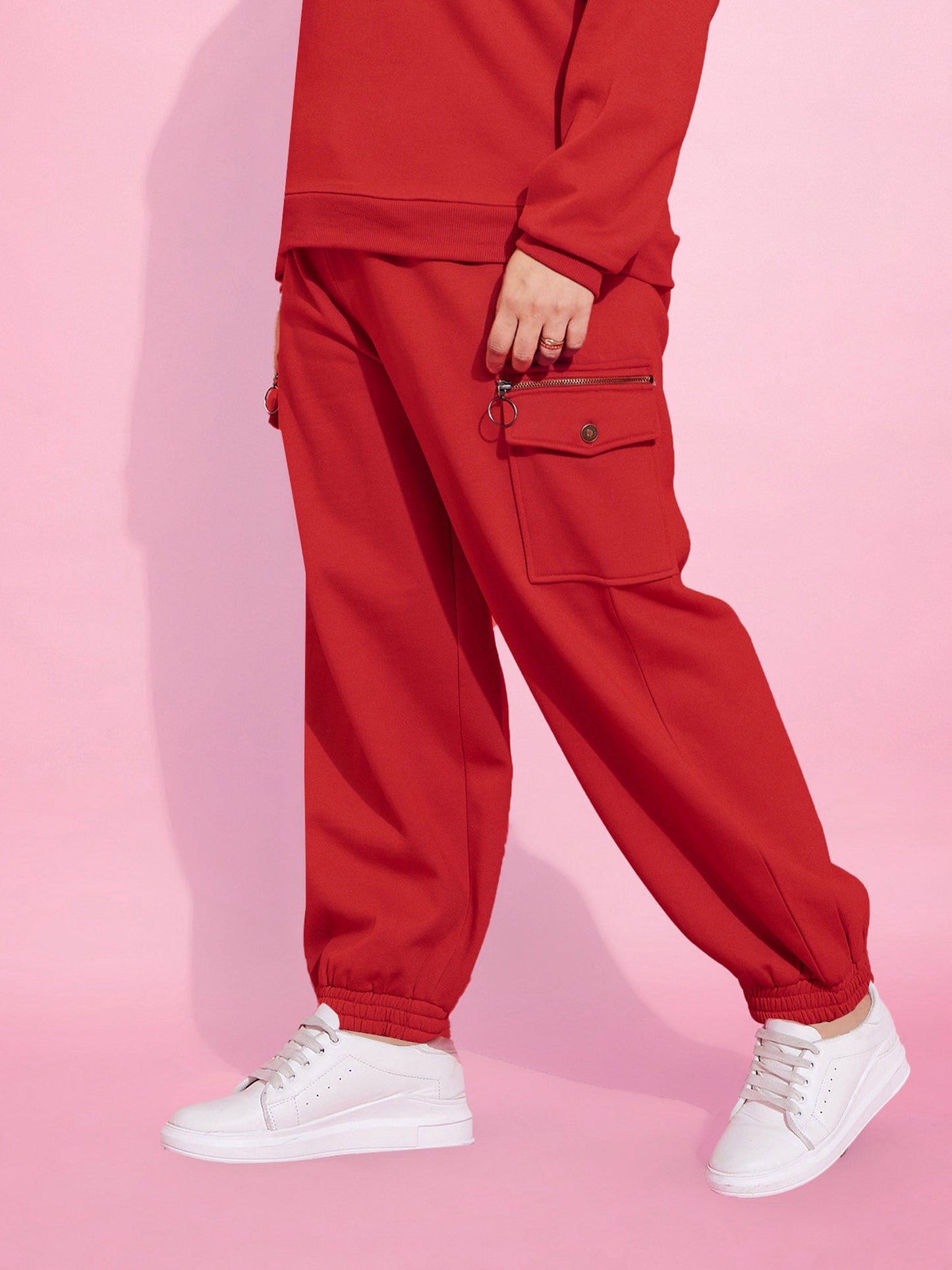 Women Red Fleece Cargo Zipper Joggers