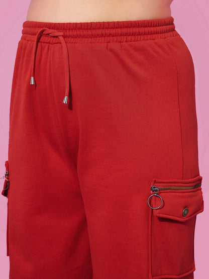 Women Red Fleece Cargo Zipper Joggers