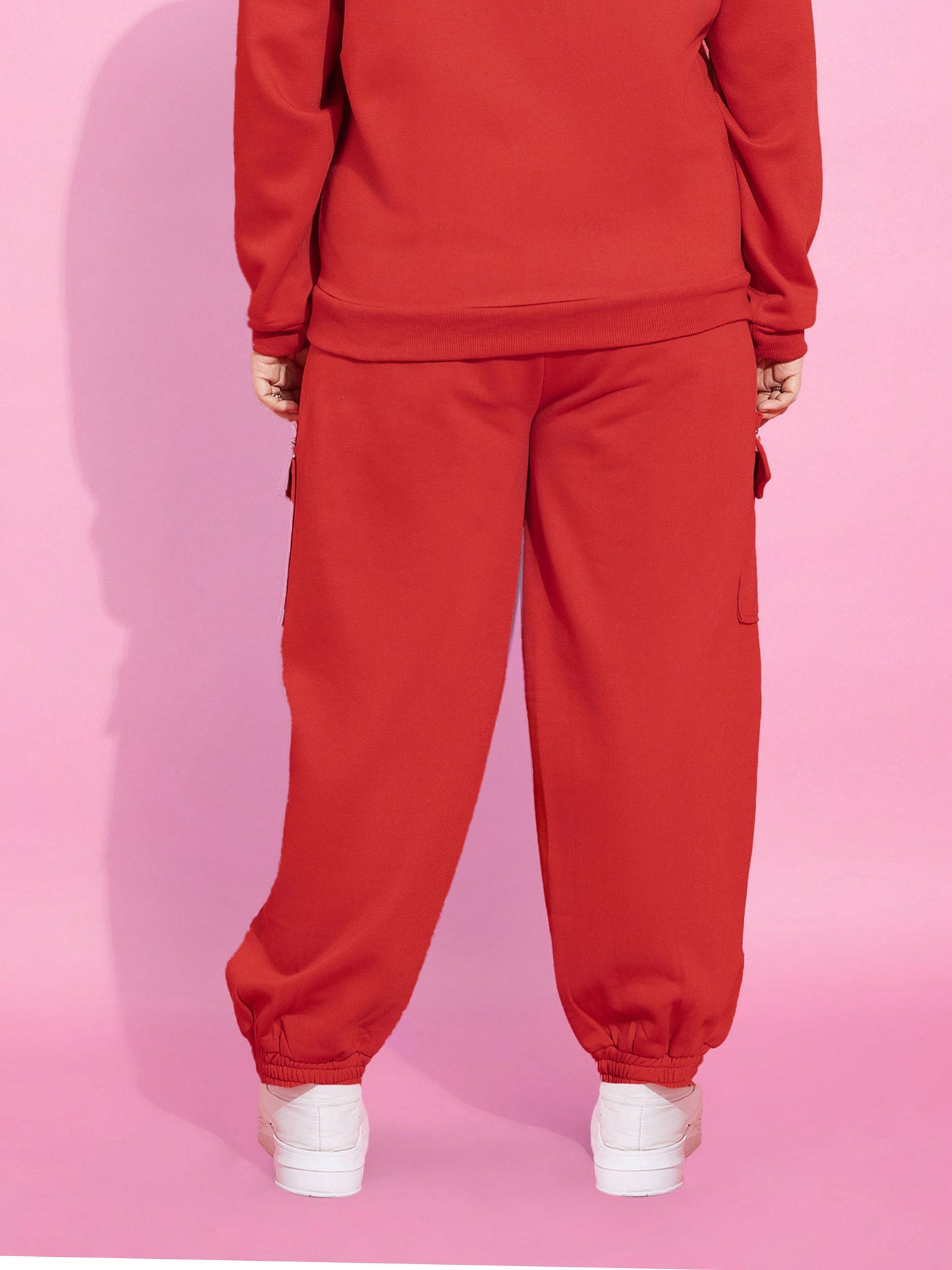 Women Red Fleece Cargo Zipper Joggers