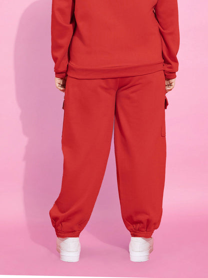 Women Red Fleece Cargo Zipper Joggers