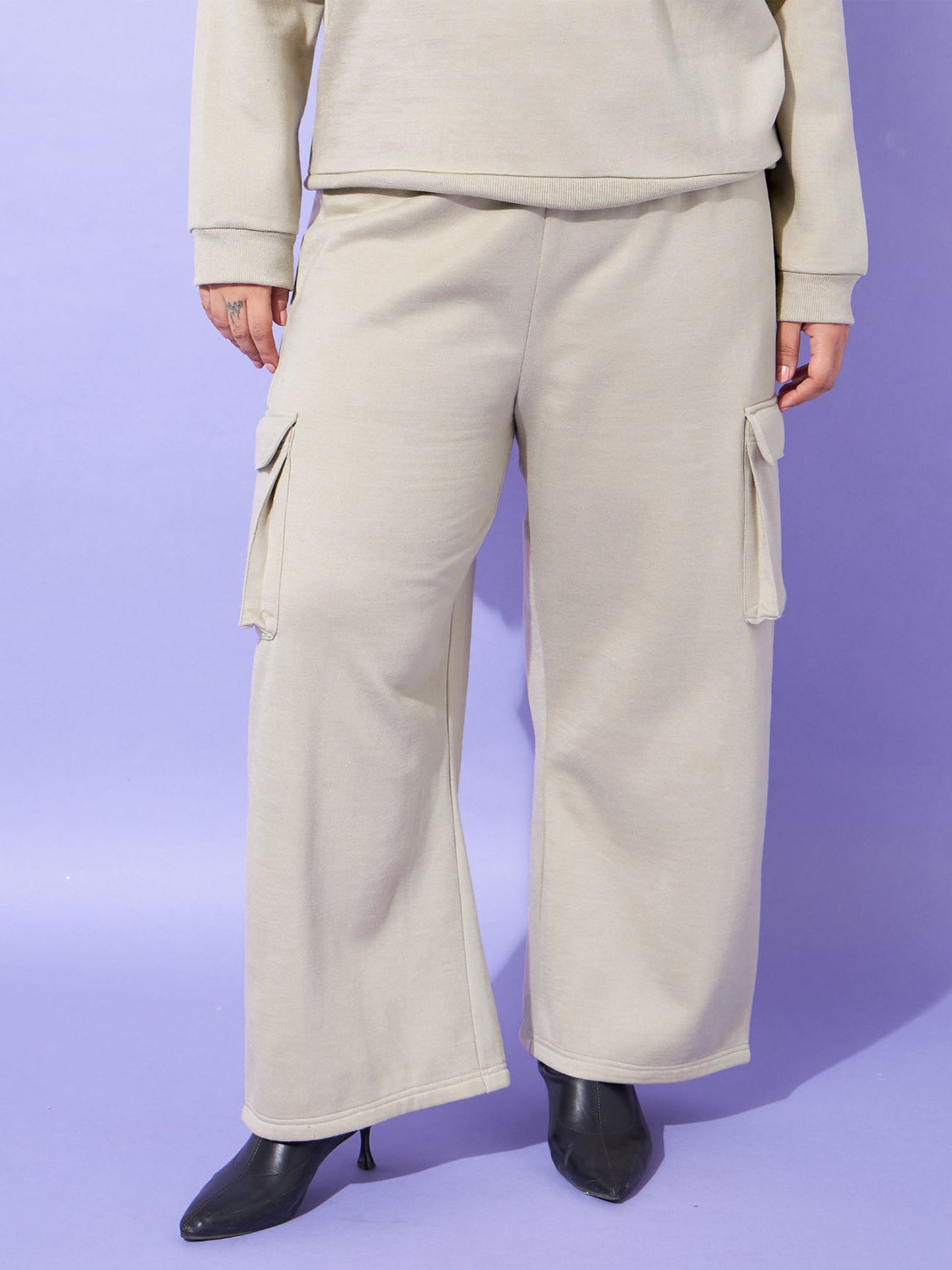 Plus size women's Grey Polycotton Grey Fleece Cargo Track Pants by Sassafras Curve for wholesale buyers, boutiques, resellers and bulk orders from