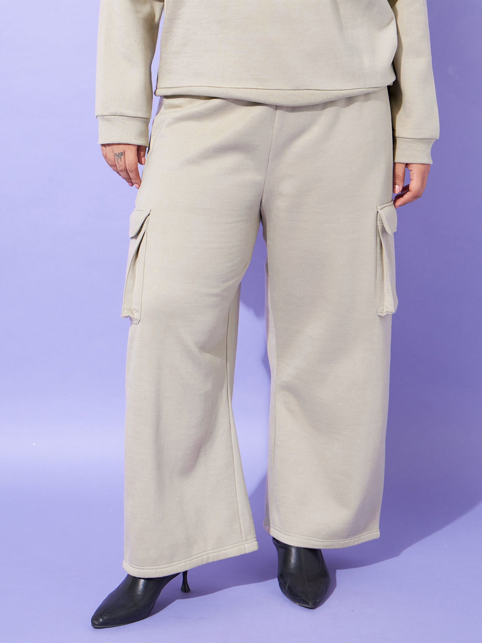 Plus size women's Grey Polycotton Grey Fleece Cargo Track Pants by Sassafras Curve for wholesale buyers, boutiques, resellers and bulk orders from