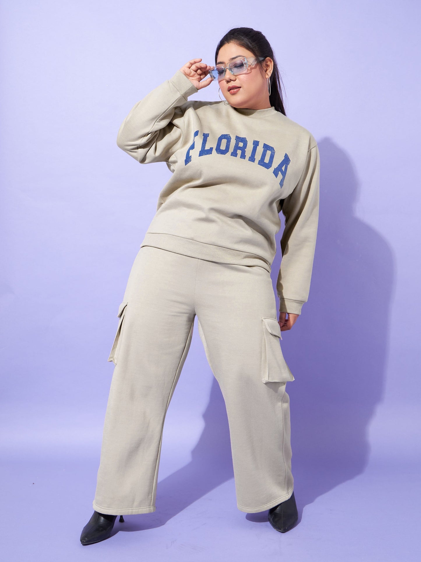 Women Grey Fleece Cargo Track Pants