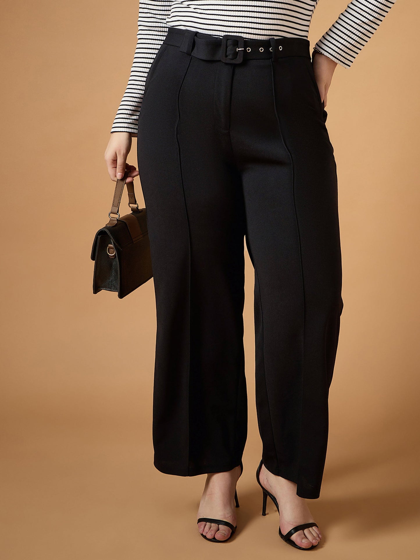 Plus size women's Black Polyester Black Belt Detail Straight Pants by Sassafras Curve for wholesale buyers, boutiques, resellers and bulk orders from