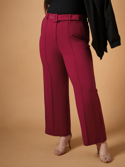 Maroon Belt Detail Straight Pants