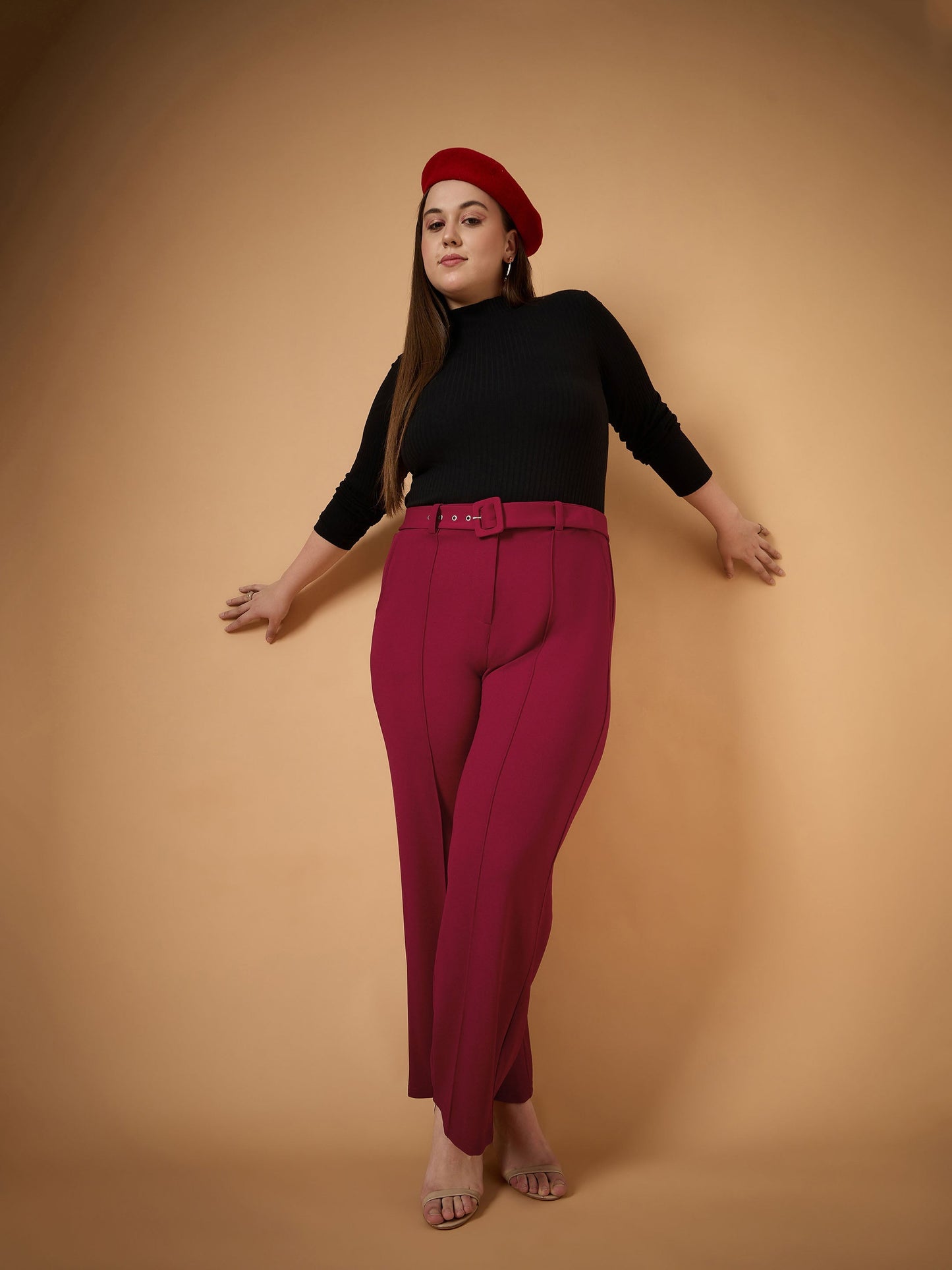 Maroon Belt Detail Straight Pants
