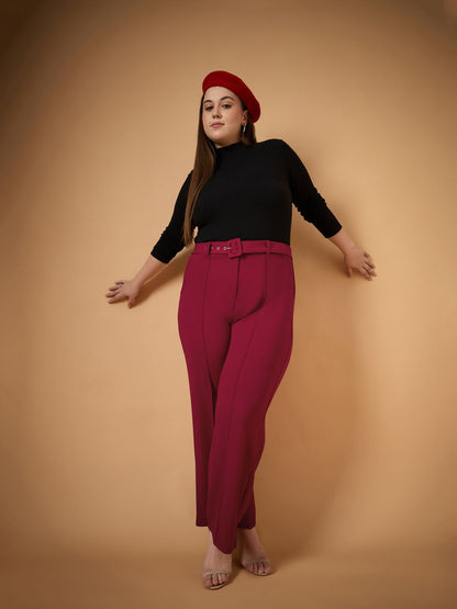 Maroon Belt Detail Straight Pants