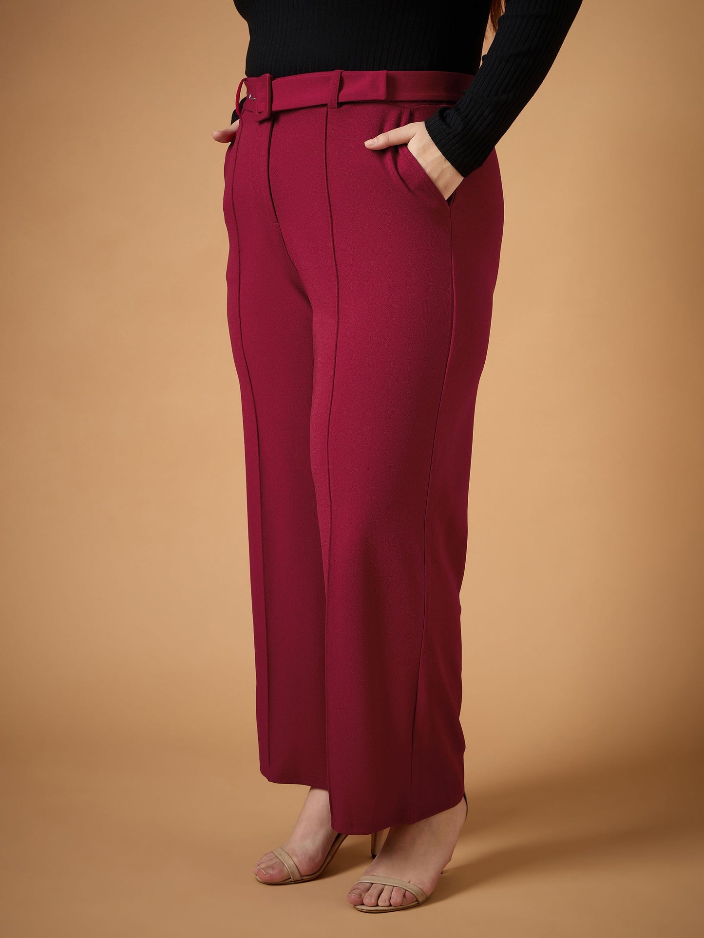 Maroon Belt Detail Straight Pants