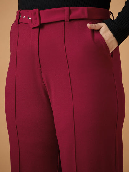 Maroon Belt Detail Straight Pants