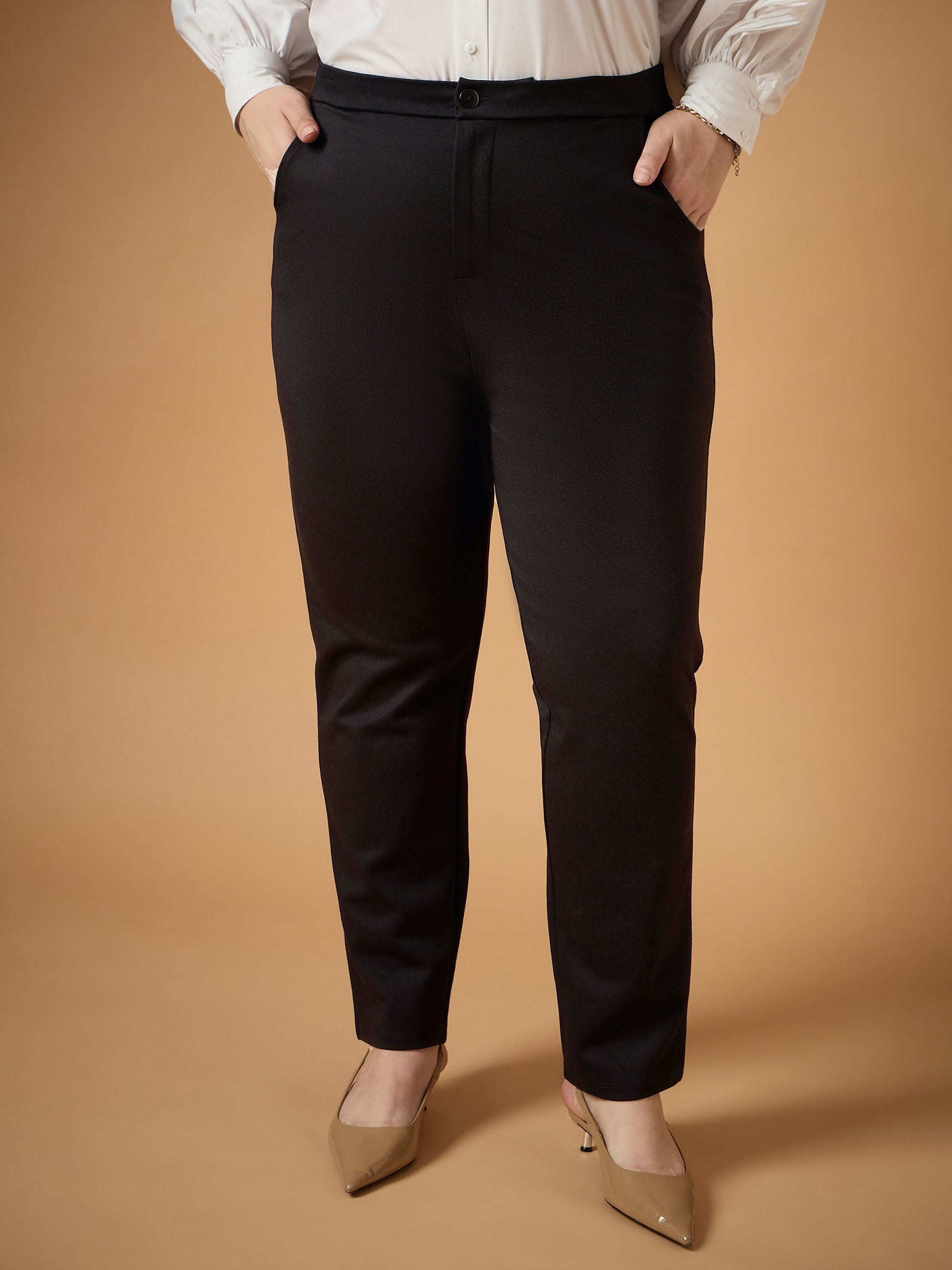 Plus size women's Black Rayon Black Mom Fit Pants by Sassafras Curve for wholesale buyers, boutiques, resellers and bulk orders from Trendphoria