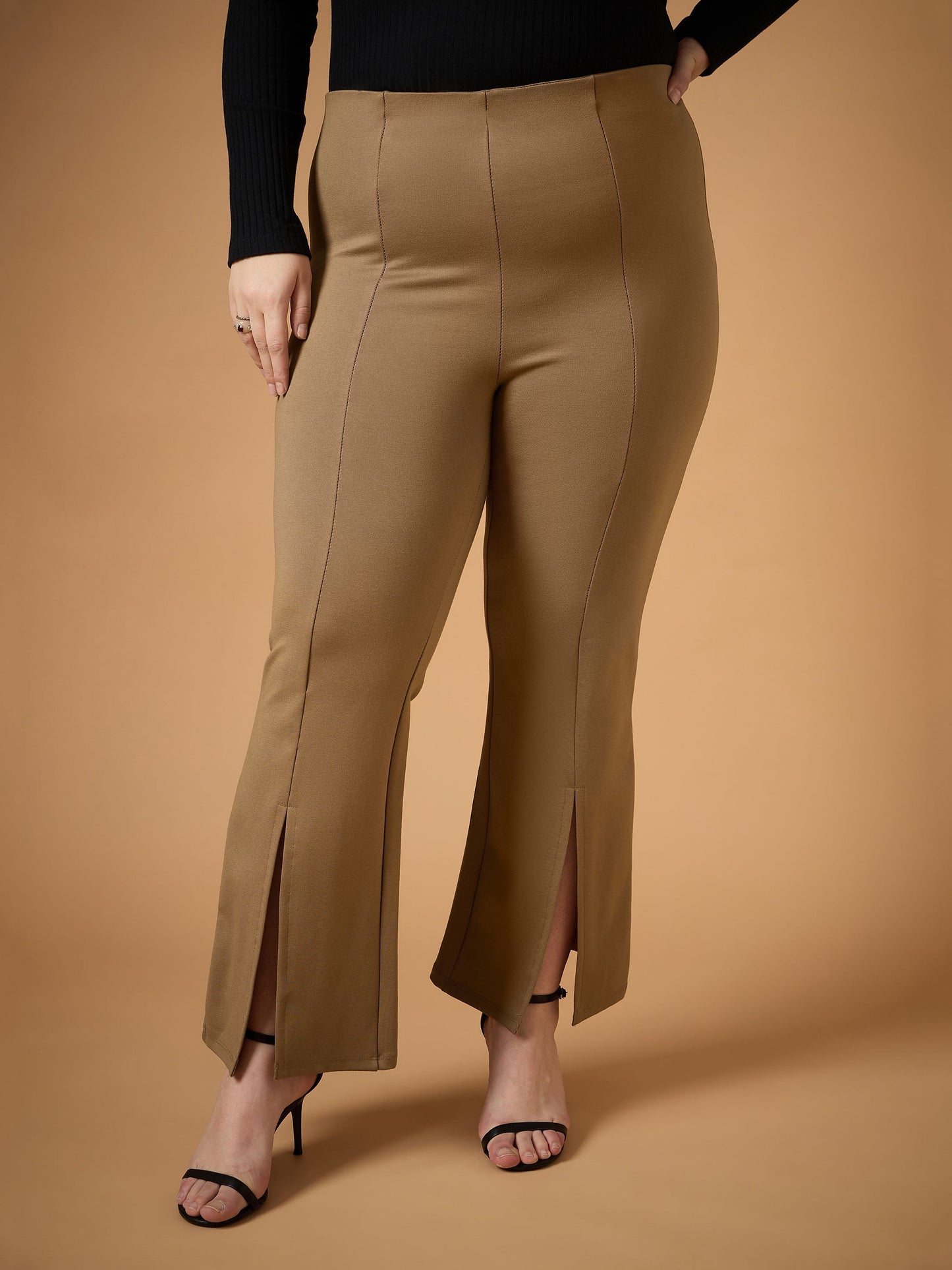 Beige Front Slit Detail Bell Bottom Pants