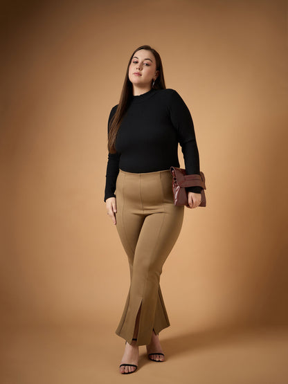 Beige Front Slit Detail Bell Bottom Pants