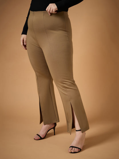 Beige Front Slit Detail Bell Bottom Pants