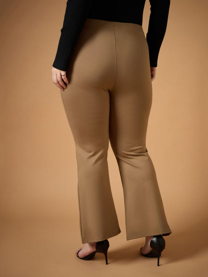 Beige Front Slit Detail Bell Bottom Pants
