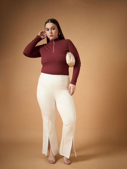 White Front Slit Detail Bell Bottom Pants-SASSAFRAS Curve