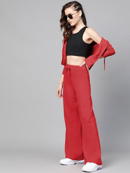 Women Red Terry Wide Leg Drawstring Pants