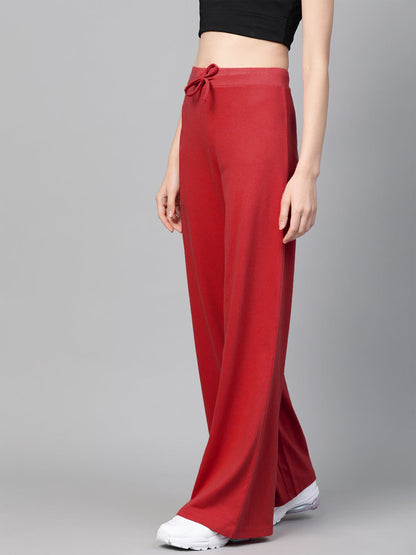 Women Red Terry Wide Leg Drawstring Pants