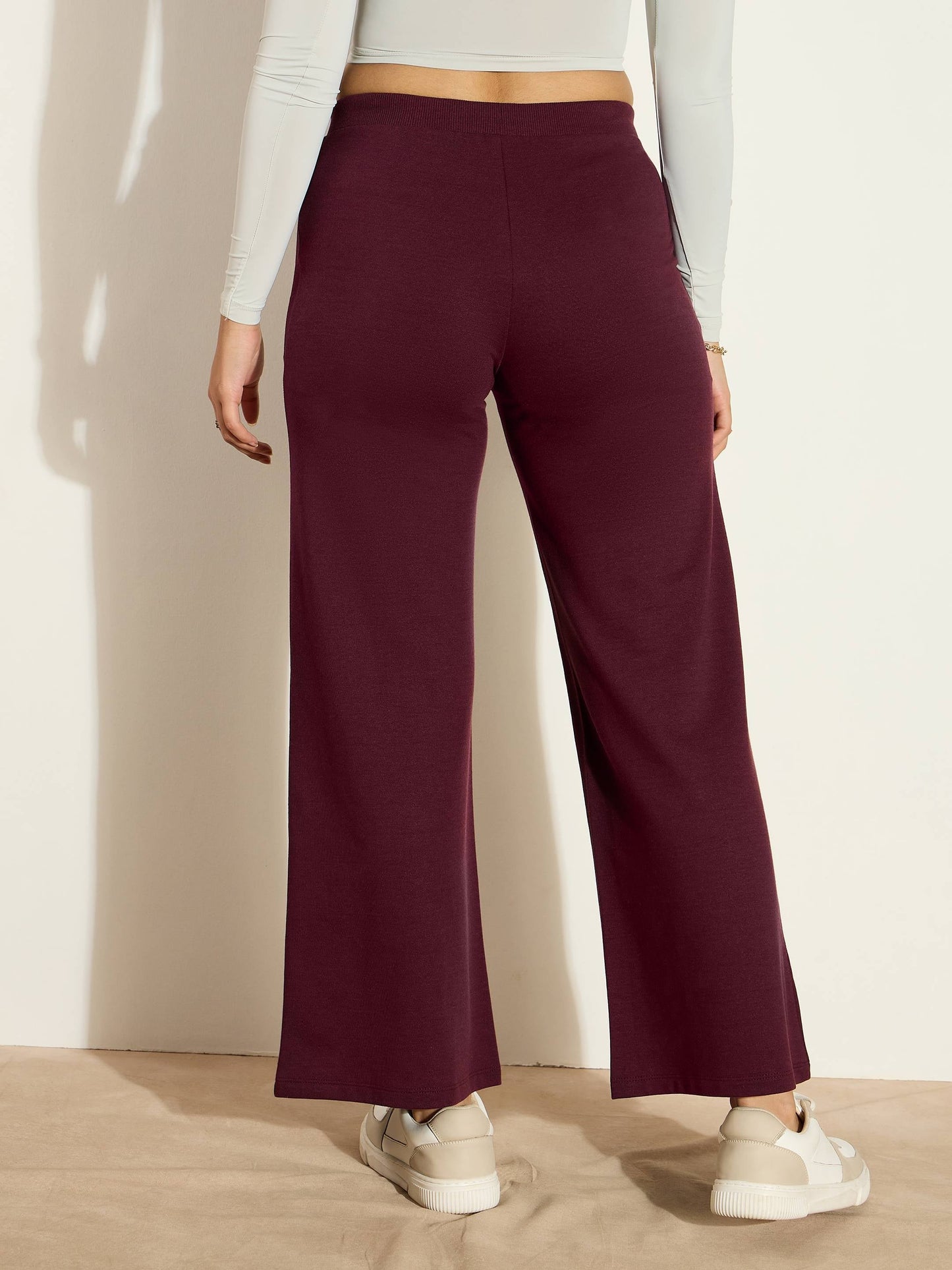 Women Burgundy Terry Wide Leg Drawstring Pants
