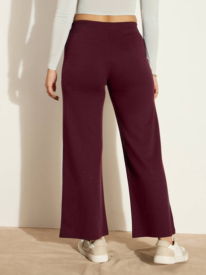 Women Burgundy Terry Wide Leg Drawstring Pants