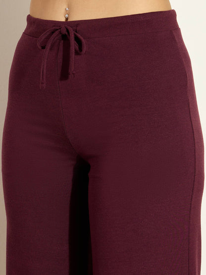 Women Burgundy Terry Wide Leg Drawstring Pants